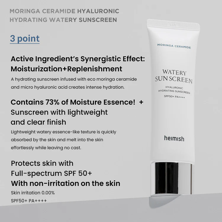 HEIMISH Moringa Ceramide Hyaluronic Hydrating Watery Sunscreen Spf50+ PA++++ 50ml - Image 3